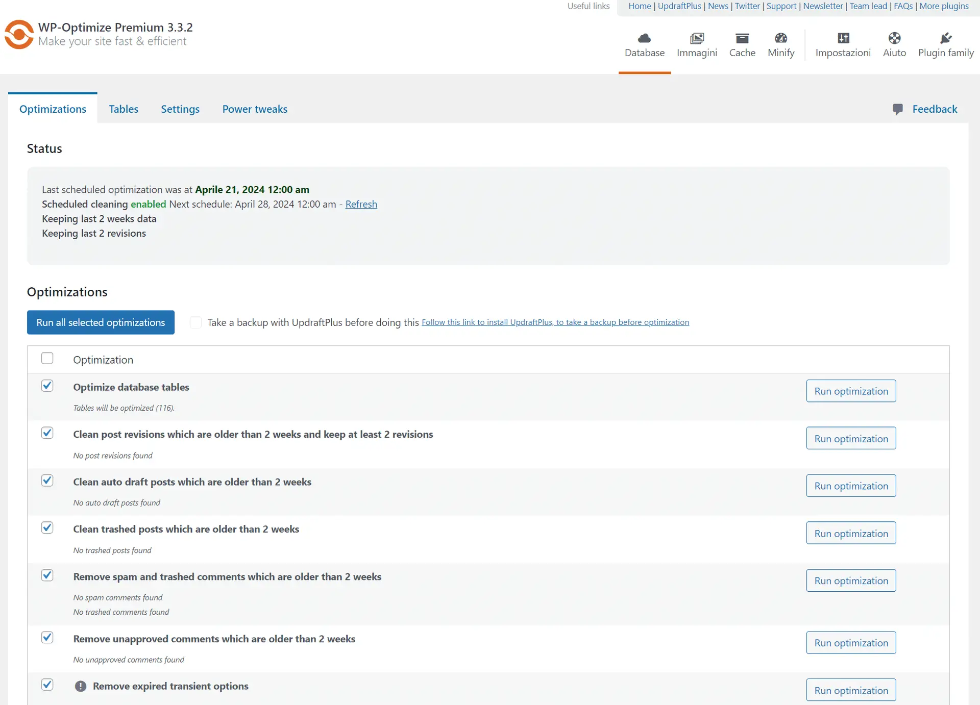 ottimizzazione del database con wp optimize