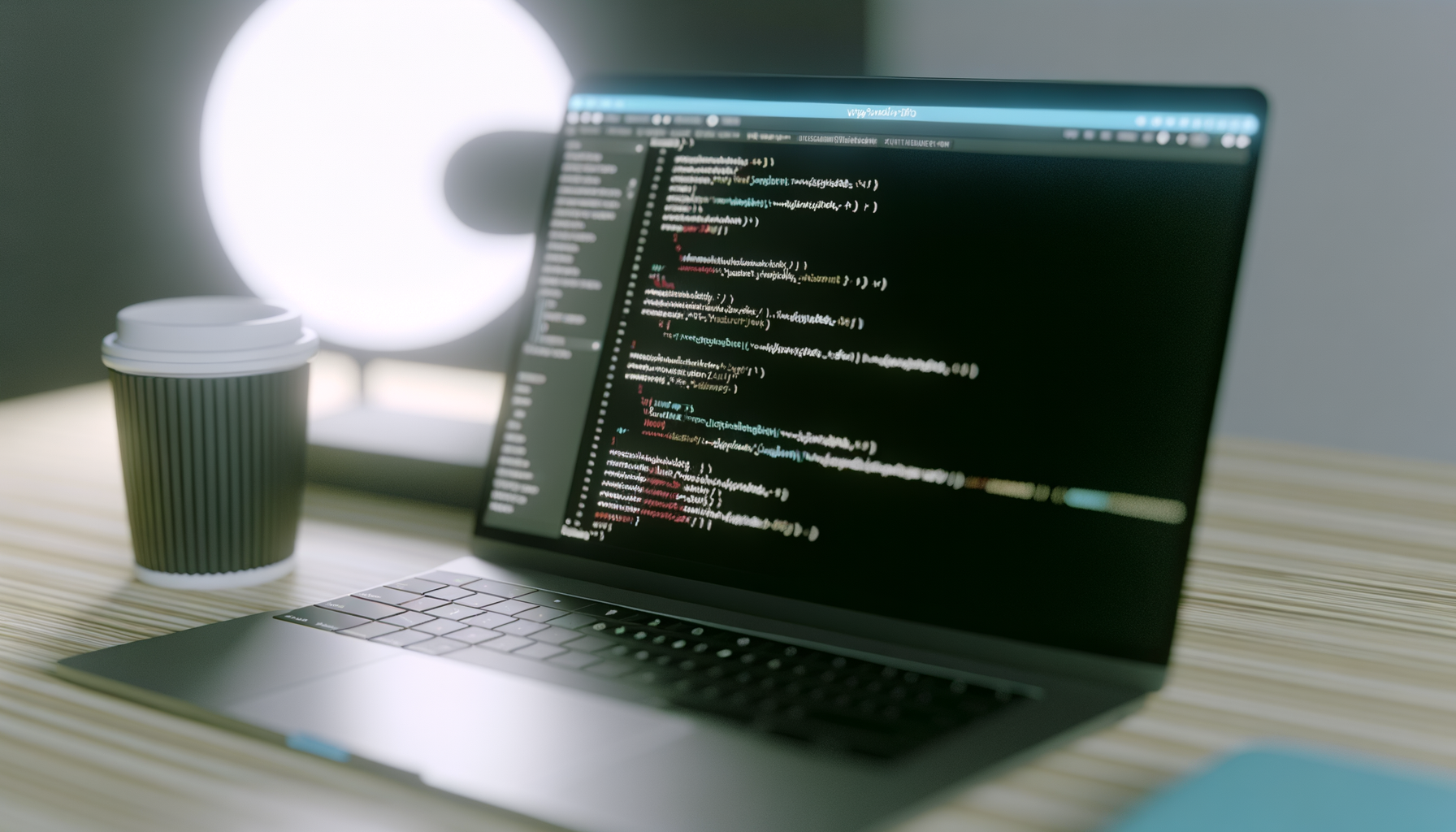 Laptop con codice di programmazione aperto su uno schermo scuro, accanto a una tazza di caffè su una scrivania