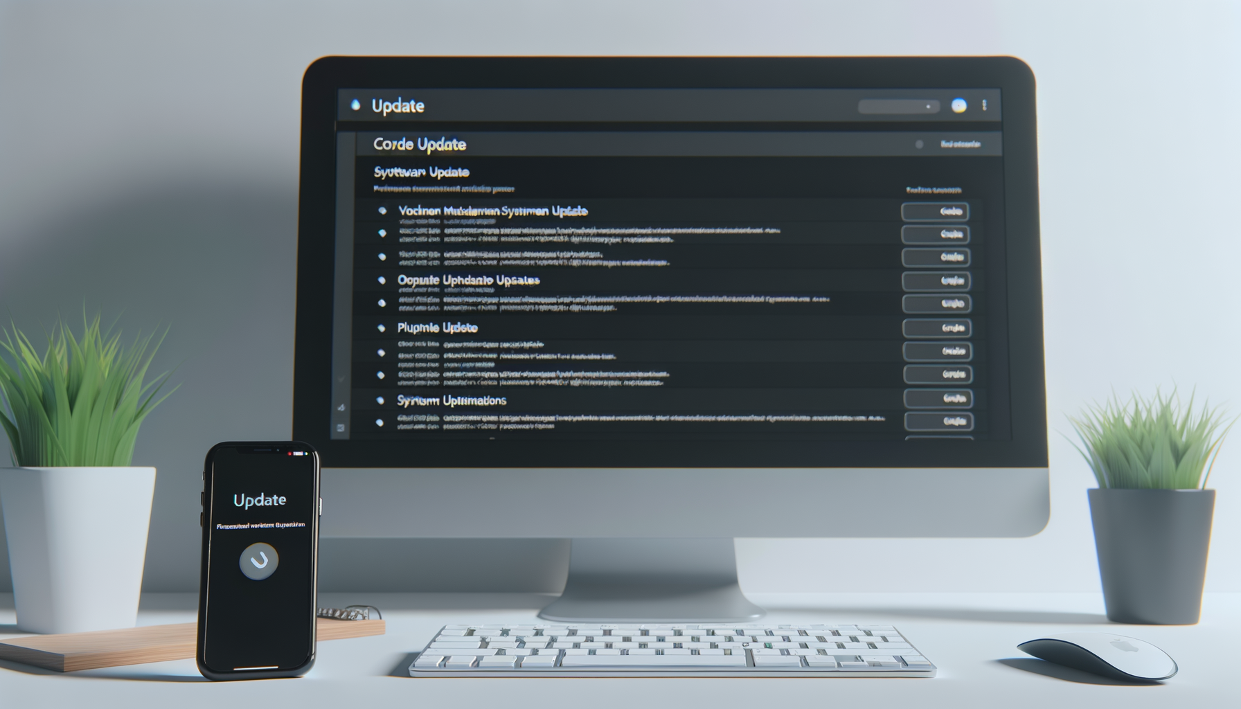 computer e smartphone su scrivania mostrano schermate di aggiornamento software in ambiente ufficio moderno