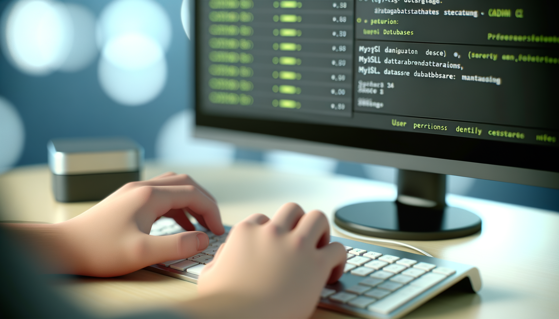 Mani che digitano su tastiera davanti a schermo con codice di connessione database WordPress