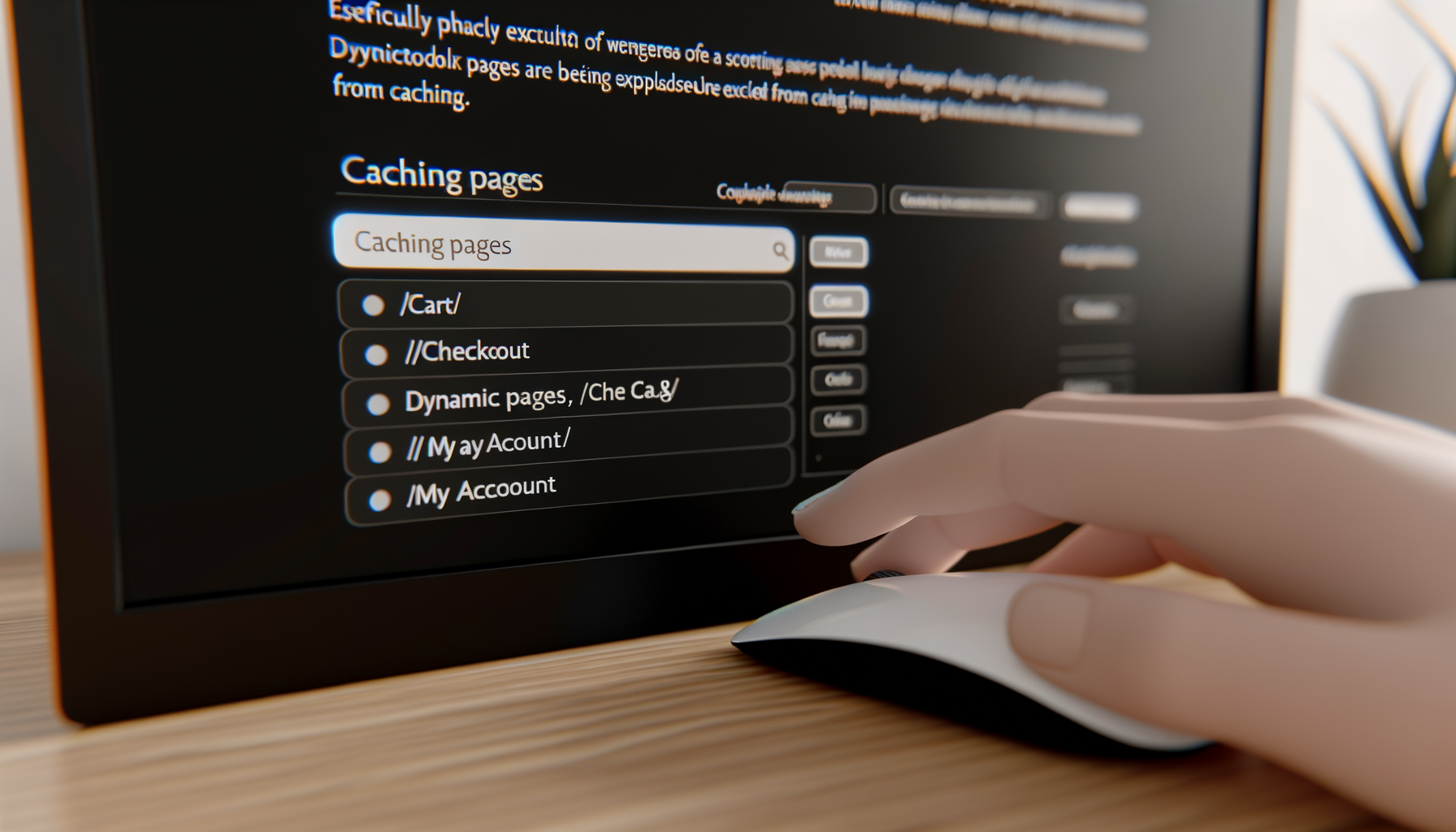 Mano che utilizza un mouse davanti a uno schermo con impostazioni di caching per pagine WooCommerce come Carrello e Checkout