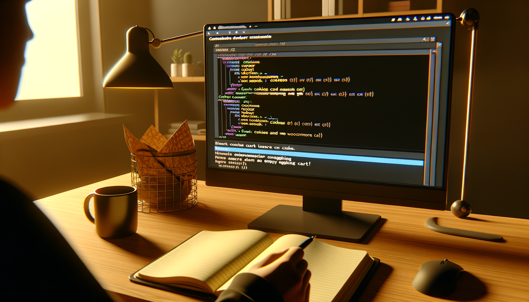 persona che scrive appunti davanti a un computer con codice visibile su schermo in ambiente di lavoro caldo e illuminato