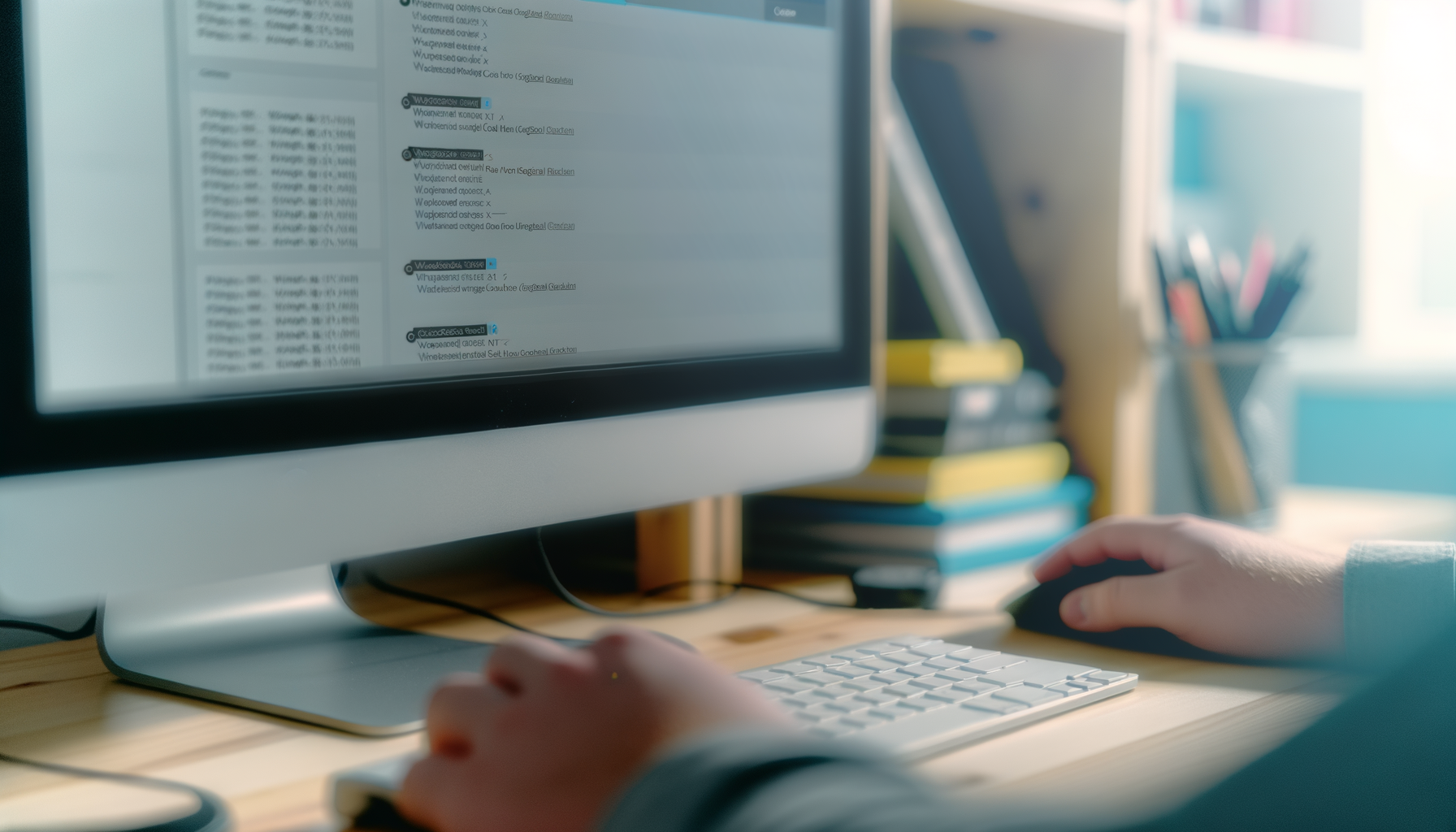 Persona che utilizza un computer desktop con schermo che mostra codice o dati, scrivania con tastiera e mouse in ambiente luminoso