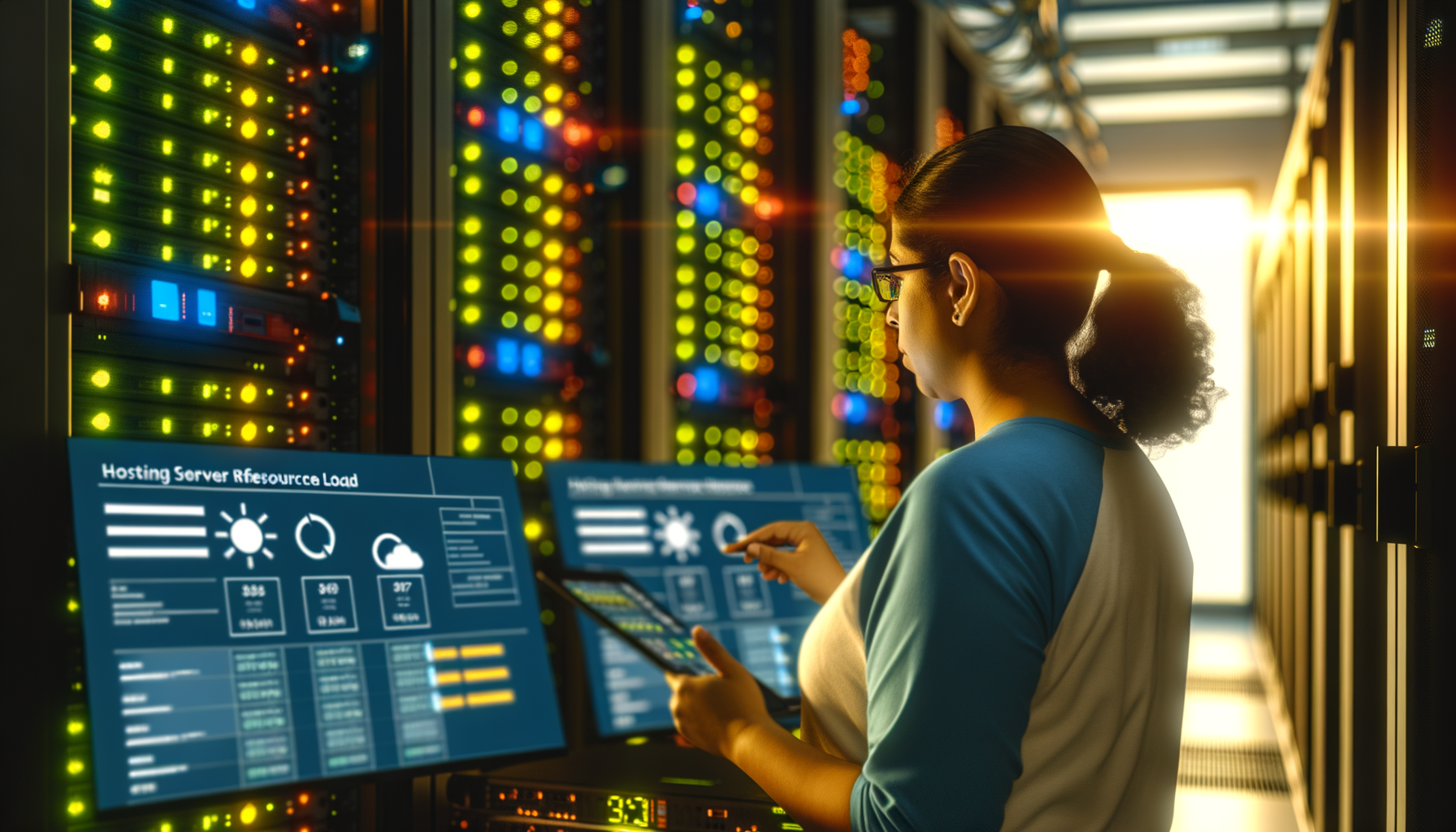 Tecnico IT che monitora dati di carico server su schermi digitali in un moderno data center luminoso