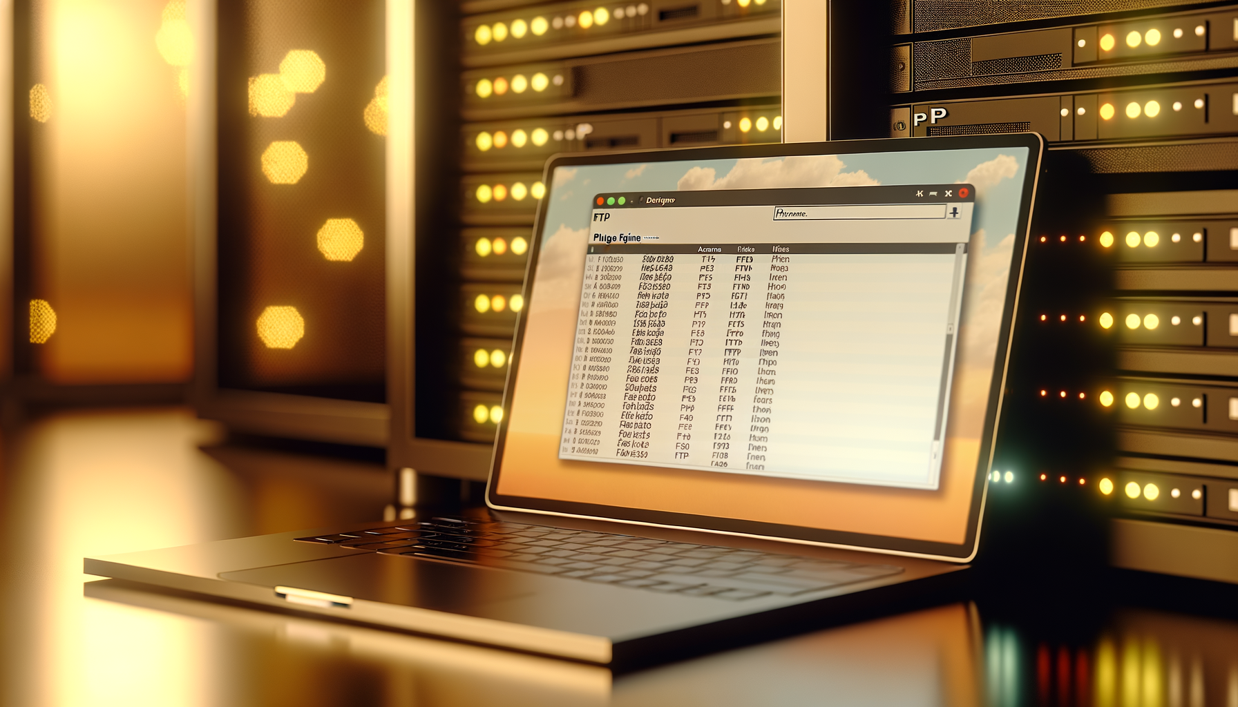Portatile con schermo che mostra un'interfaccia FTP, posizionato davanti a server illuminati in ambiente server room