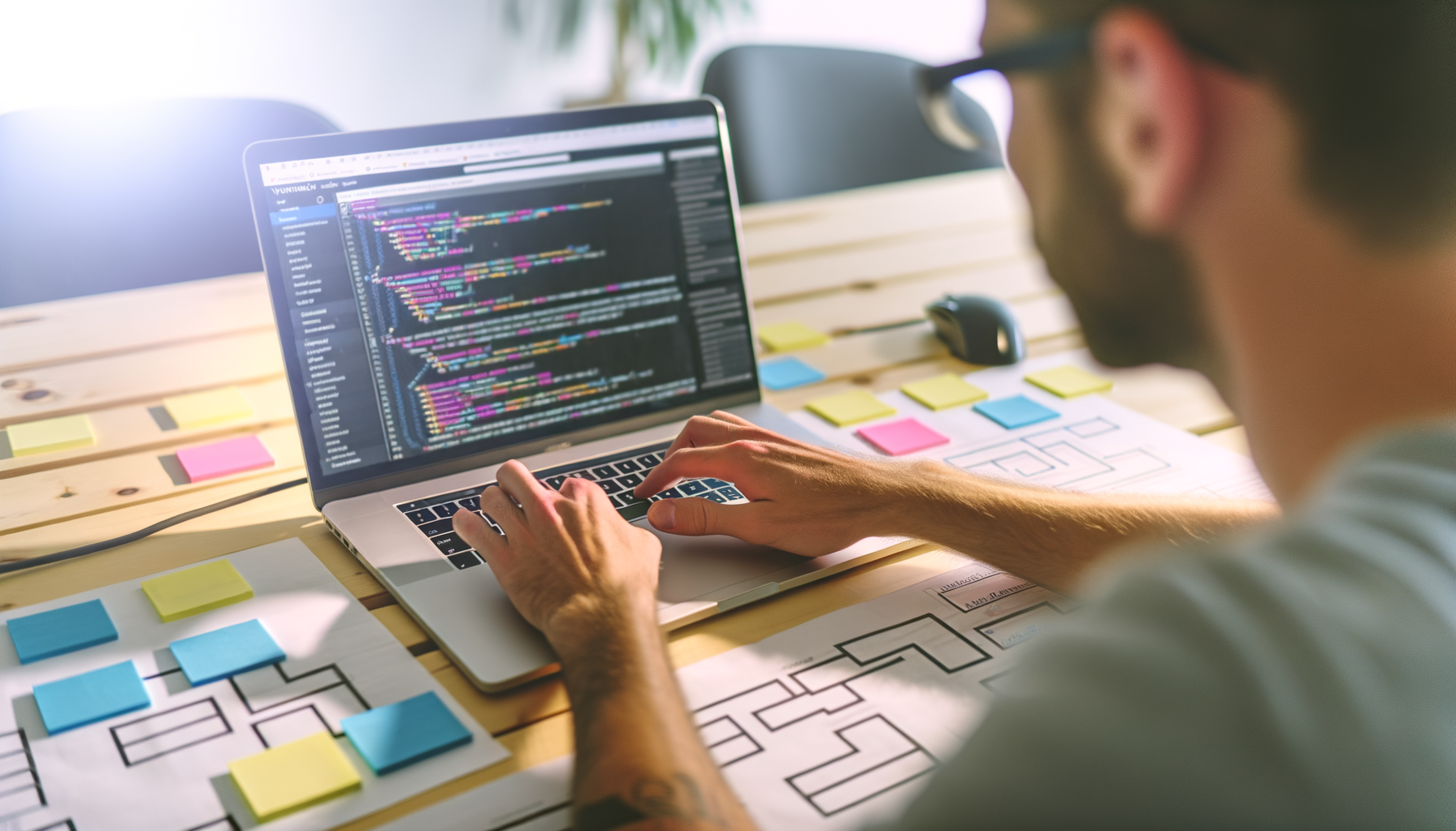 persona che digita codice su laptop con schizzi di progettazione e post-it colorati su scrivania in legno