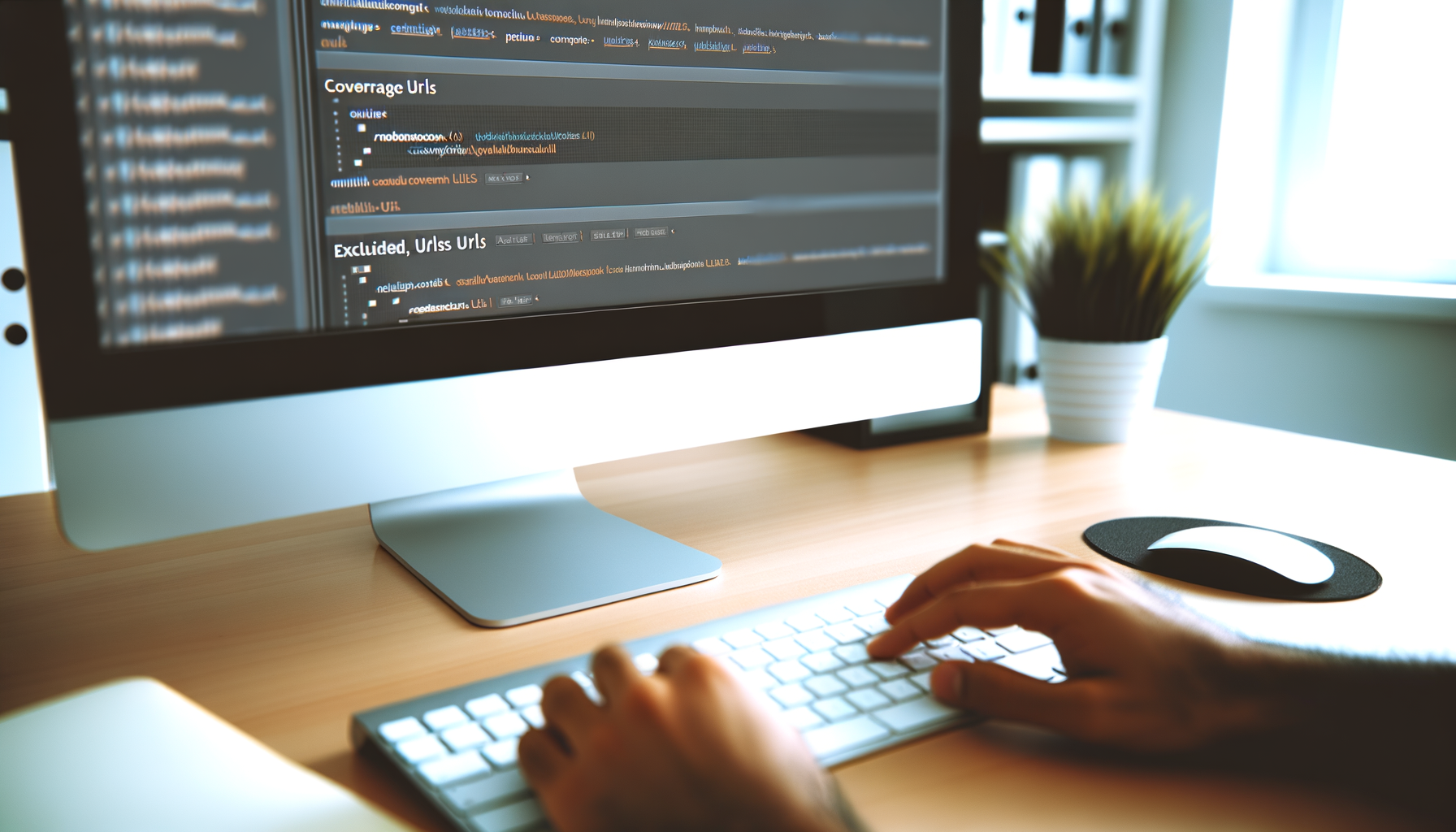Schermo di computer con codice e mani che digitano su tastiera in un ambiente di lavoro moderno, che rappresenta la gestione di file robots.txt su WordPress