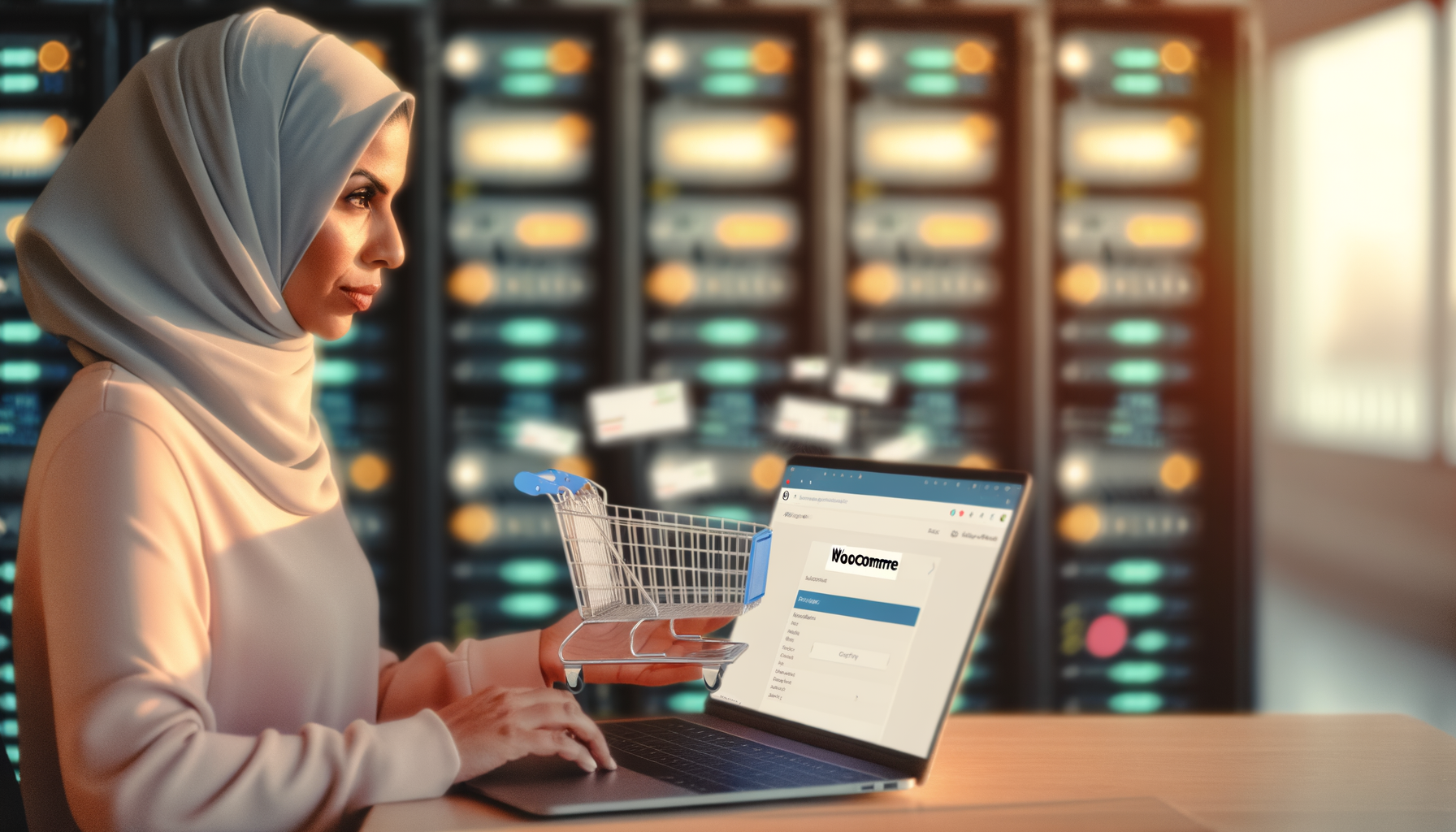 Donna con hijab utilizza un laptop con carrello della spesa virtuale in sovrapposizione, simbolo di WooCommerce e-commerce