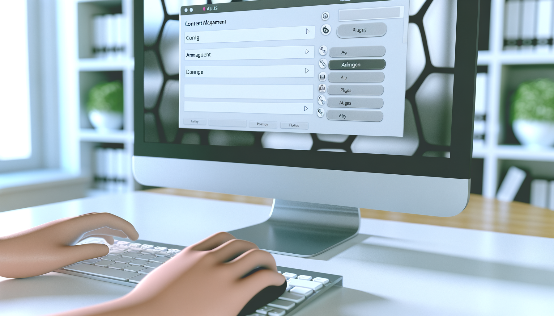 Mani che digitano su tastiera di un computer desktop con interfaccia di gestione plugin aperta sullo schermo