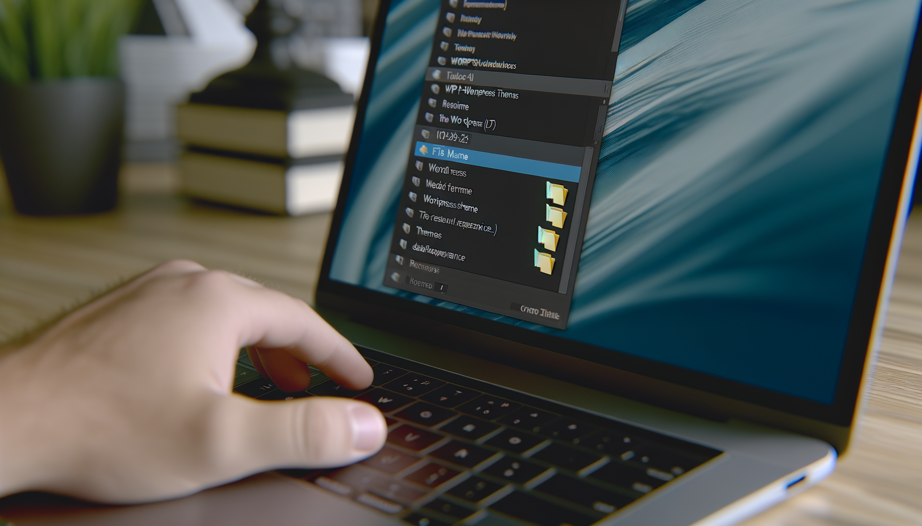 Mano che utilizza un laptop con schermo che mostra una cartella aperta contenente file e directory di sistema