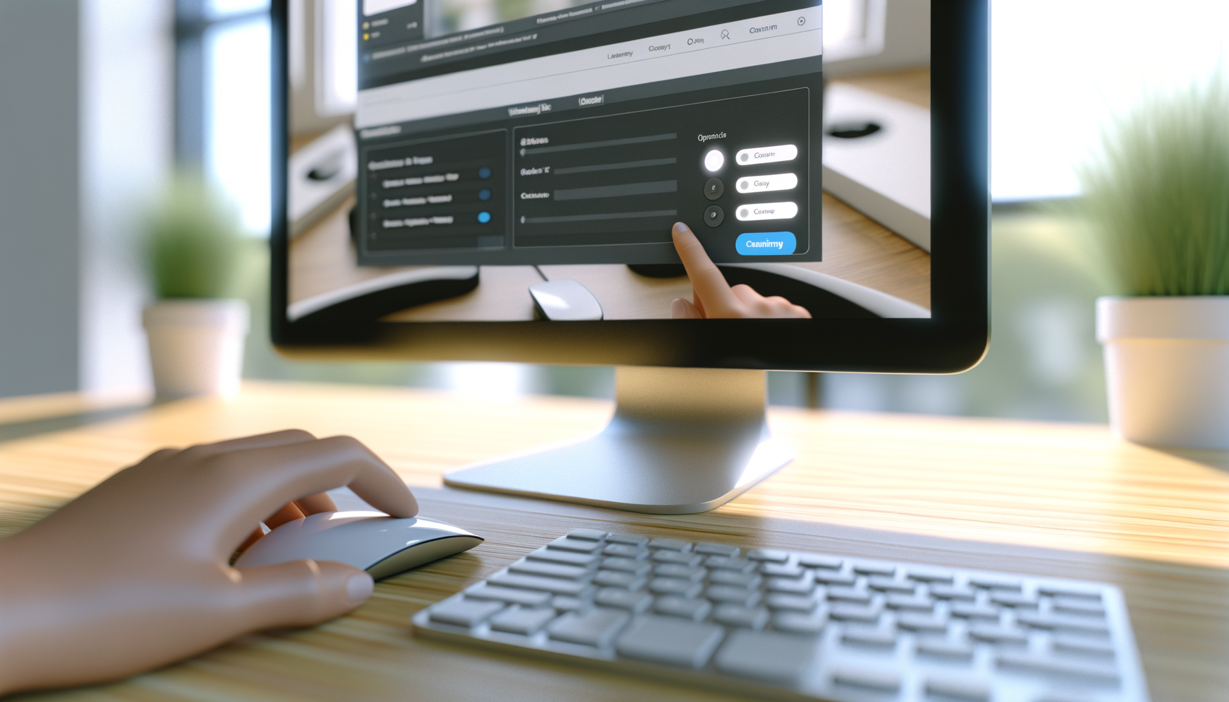 Mano che usa mouse davanti a computer con schermo che mostra interfaccia software per gestione cache in WordPress