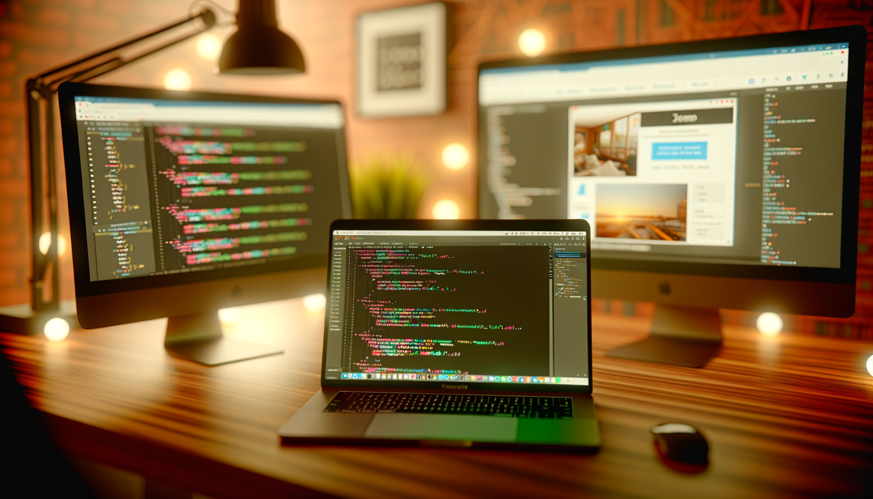 Postazione di lavoro con laptop e due monitor che mostrano codice e interfacce web, ambiente caldo e illuminato