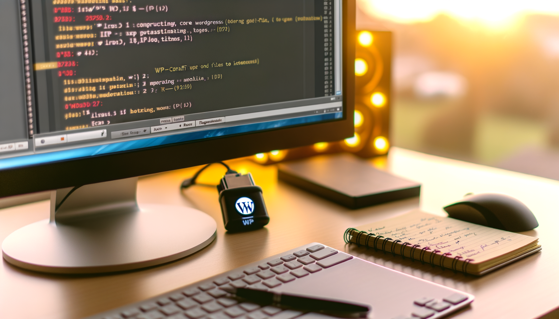 Schermo di computer con codice sorgente e dispositivo USB con logo WordPress su scrivania illuminata da luce calda