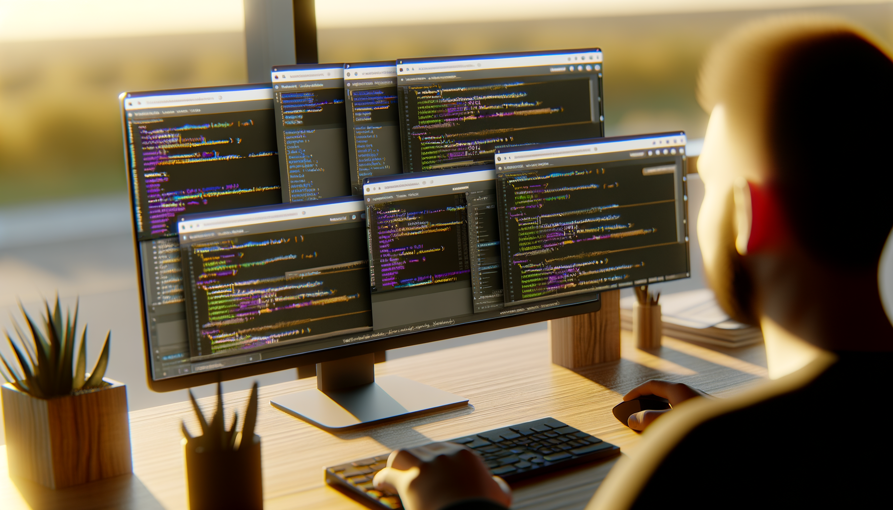persona che lavora su computer con monitor ampio e finestre di codice aperte per sviluppo web