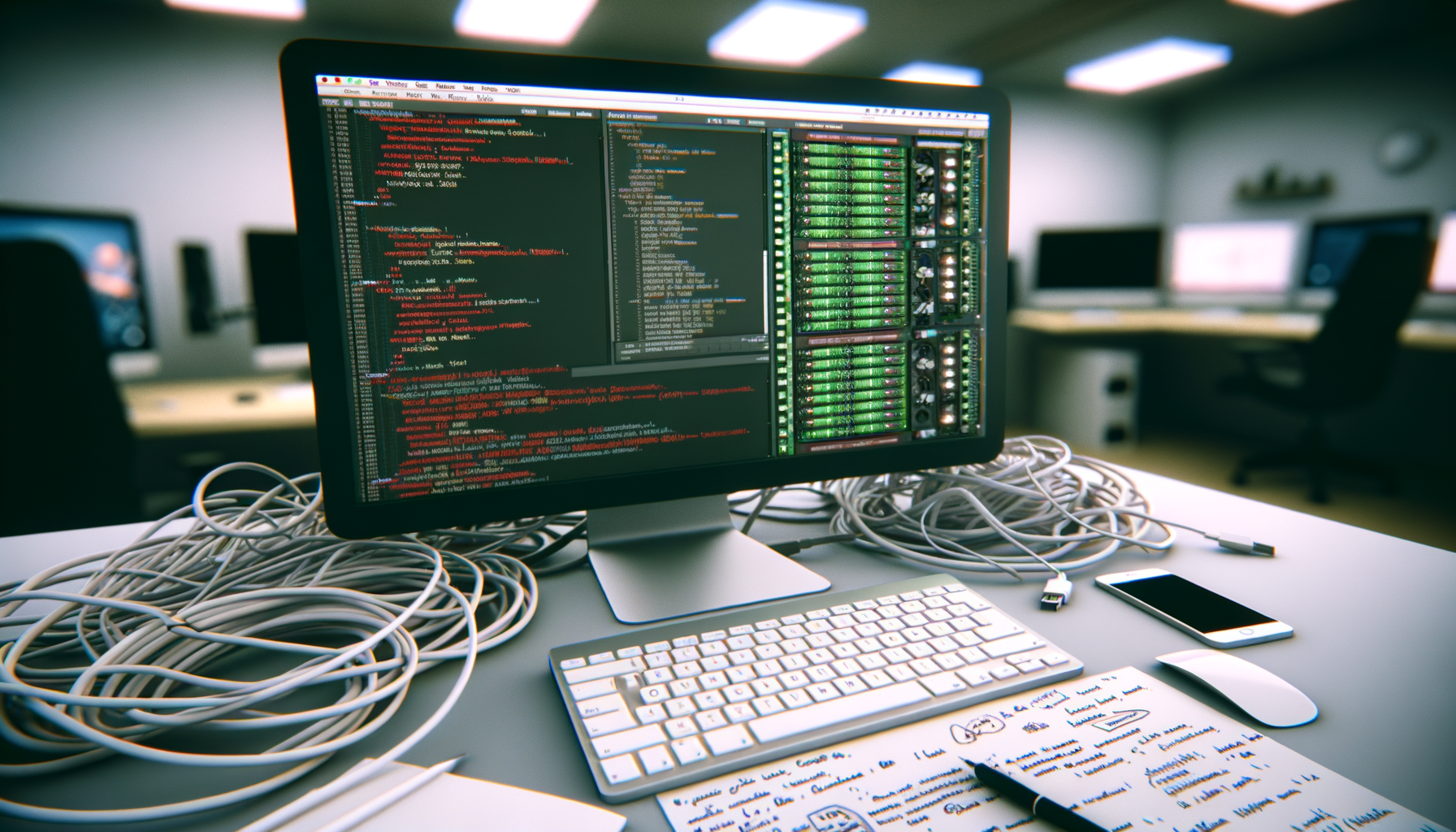 Schermo di computer con codice e monitoraggio server in ufficio con cavi Ethernet e tastiera bianca