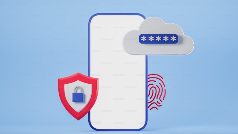 Mock up screen of smart phone, blue padlock inside red data protection shield, fingerprint as concept of authorization and authentication. Safety cyber security, data protection, privacy. 3D rendering