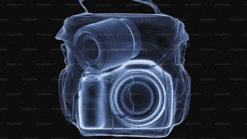 X-ray of camera and lens inside bag