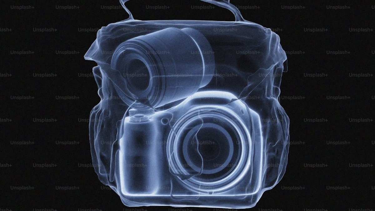 X-ray of camera and lens inside bag