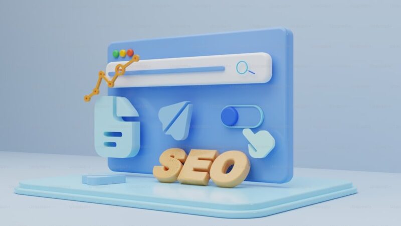 a 3d image of a website page with the word seo spelled out