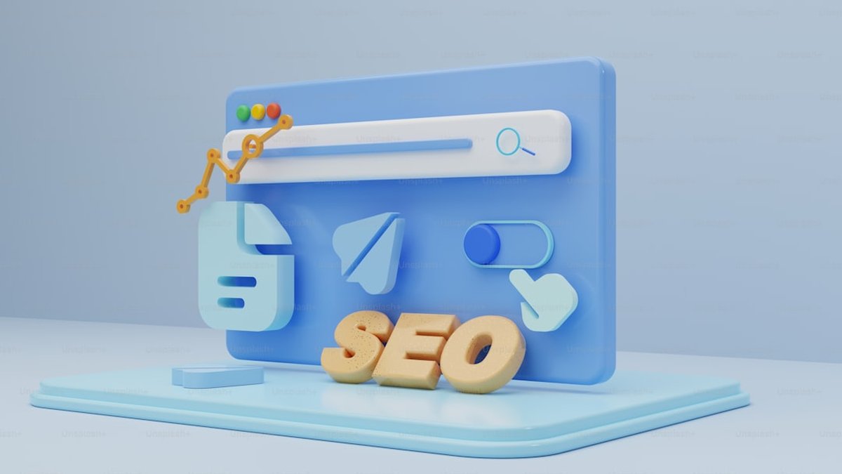 a 3d image of a website page with the word seo spelled out
