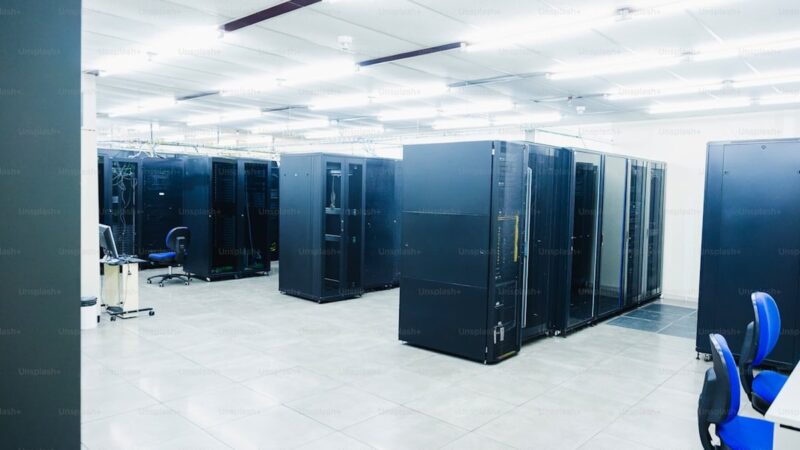 Interior of room where several powerful server cabinets are located, which store the technological enterprise rack.