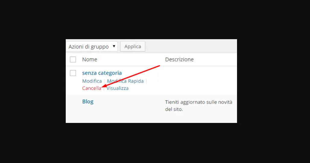 come si elimina senza categoria WordPress