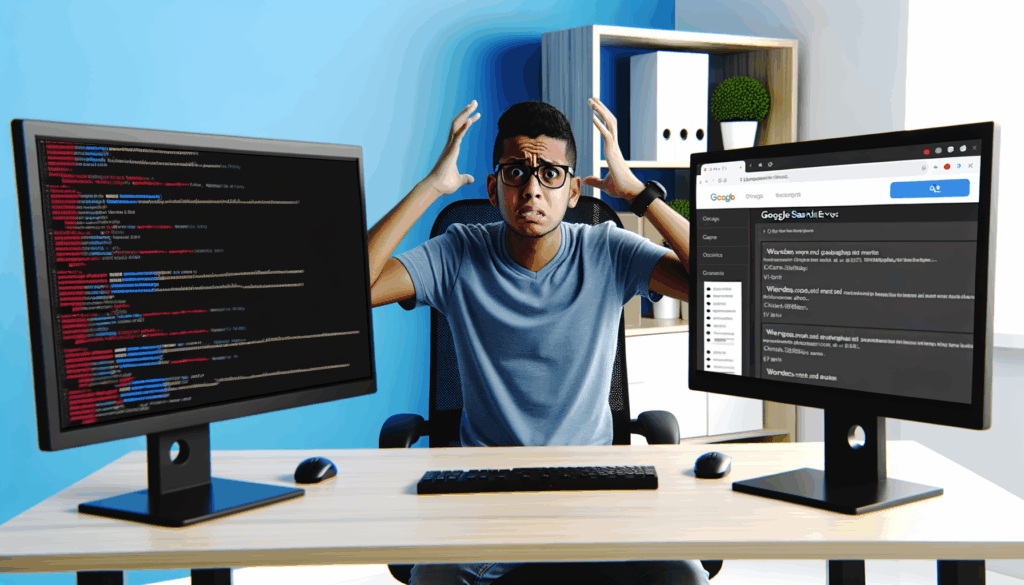 Uomo frustrato davanti a due monitor con codice e schermate di errore WordPress, tentando di risolvere problema sitemap