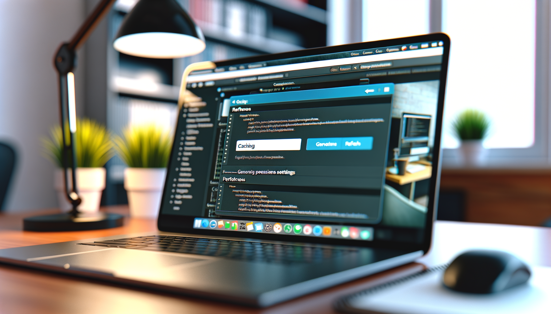 Laptop aperto su scrivania con schermata di impostazioni caching WordPress visibile, ambiente di lavoro moderno