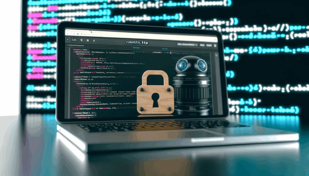 Computer portatile con codice robots.txt sullo schermo e un lucchetto in legno per rappresentare il blocco da robots.txt