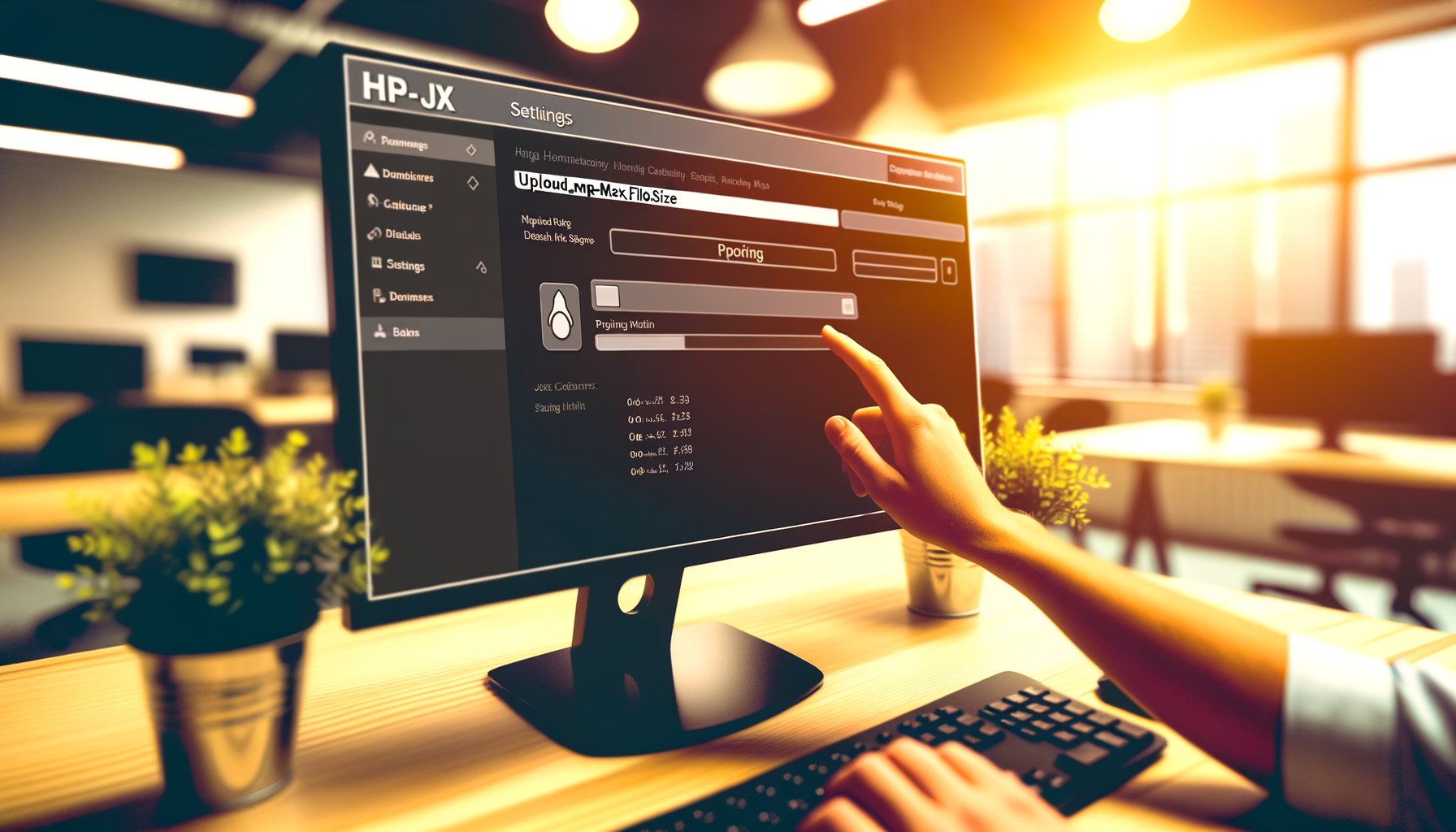 Schermo di computer con impostazioni upload_max_filesize in evidenza mentre una mano indica lo schermo in un ufficio luminoso