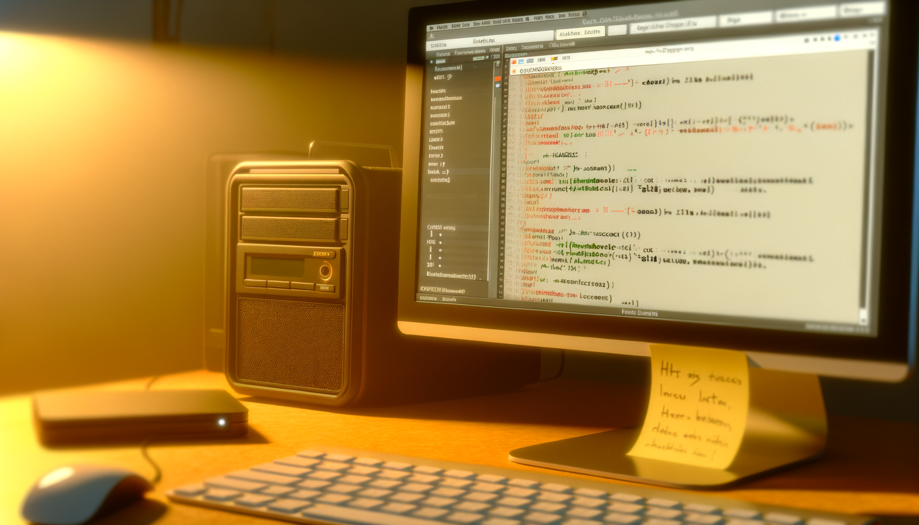 Monitor con codice sorgente e computer desktop su scrivania illuminata da luce calda, ambiente di lavoro informatico