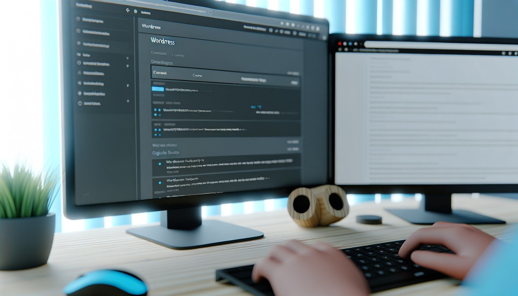 Schermata di computer con interfaccia WordPress visibile su monitor e persona che digita sulla tastiera
