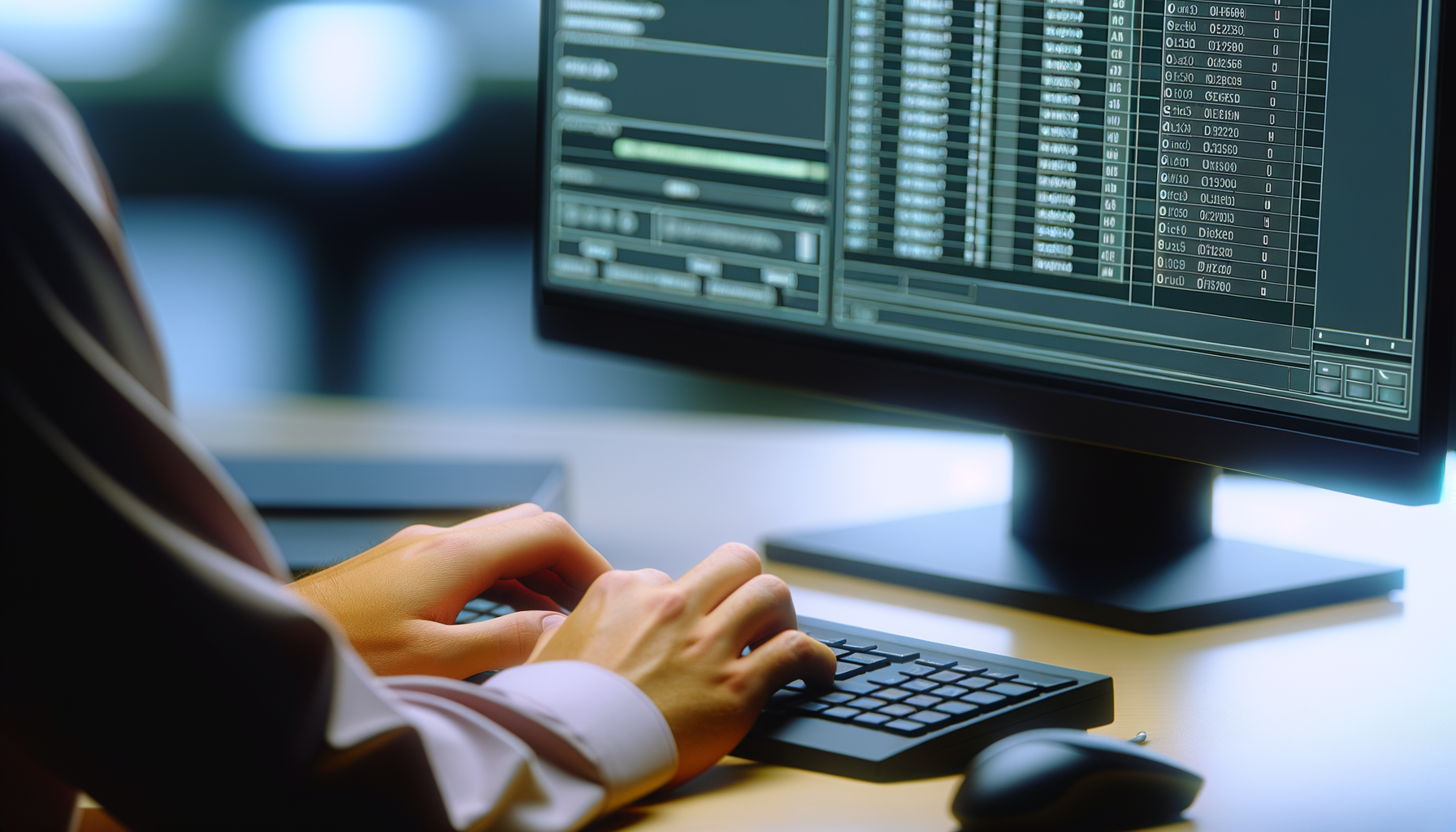 Mano che digita su tastiera davanti a monitor con codice e dati, risoluzione problemi WordPress dopo migrazione