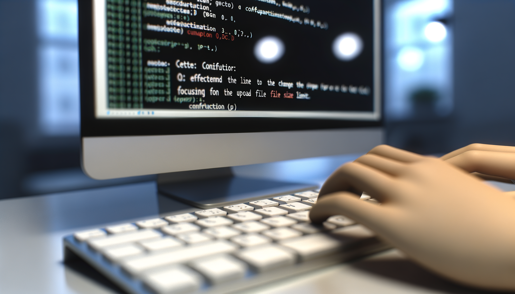 Mani che digitano su tastiera davanti a uno schermo con codice relativo a errore upload_max_filesize su WordPress