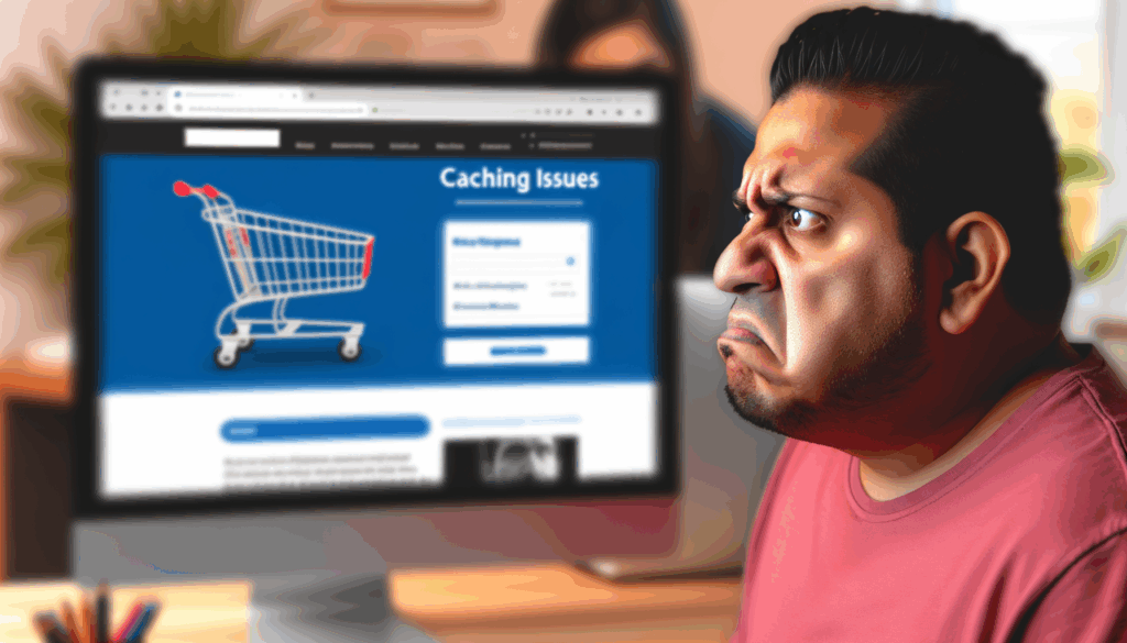 Uomo frustrato davanti a un computer con problema di cache su carrello WooCommerce