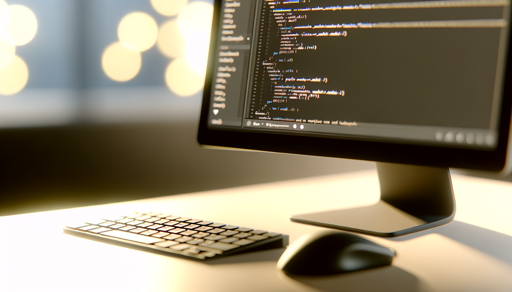 Monitor con codice sorgente aperto su editor, tastiera e mouse in primo piano su scrivania luminosa
