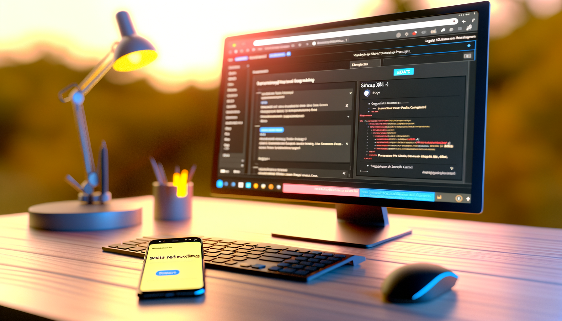 Scrivania con computer, tastiera, smartphone e lampada accesa al tramonto, ambiente di lavoro per risolvere errori su WordPress