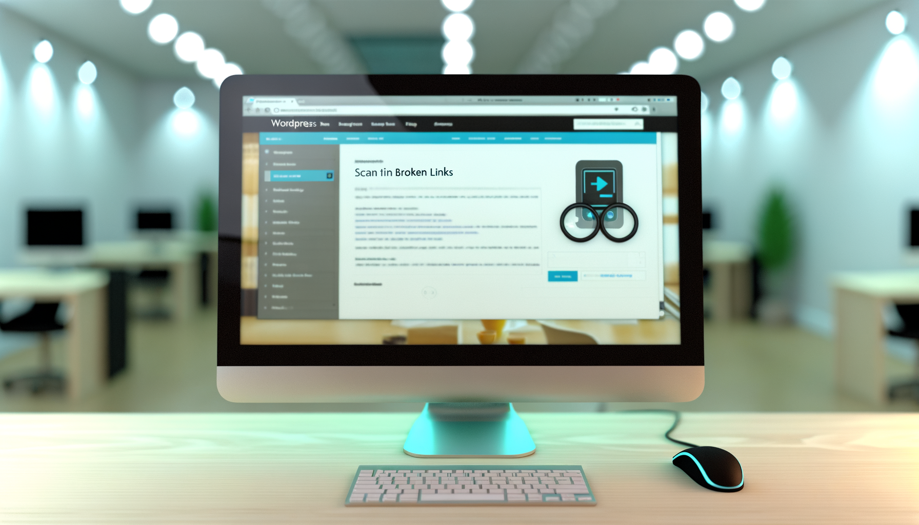Schermo di computer con interfaccia WordPress aperta, mostrando la scansione di link rotti in un ambiente ufficio moderno