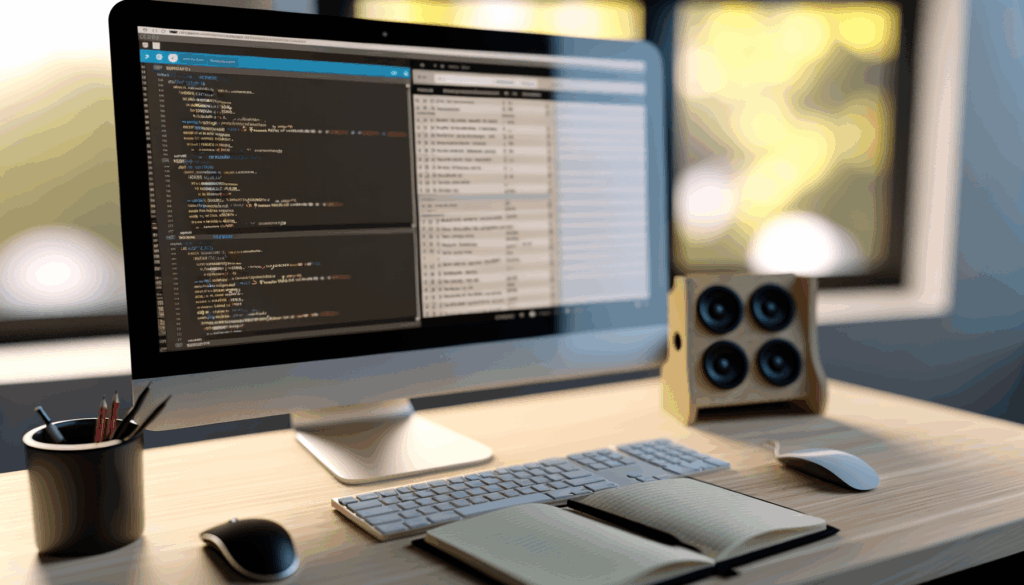 Scrivania con computer desktop che mostra codice su schermo, tastiera, mouse, taccuino aperto e speaker