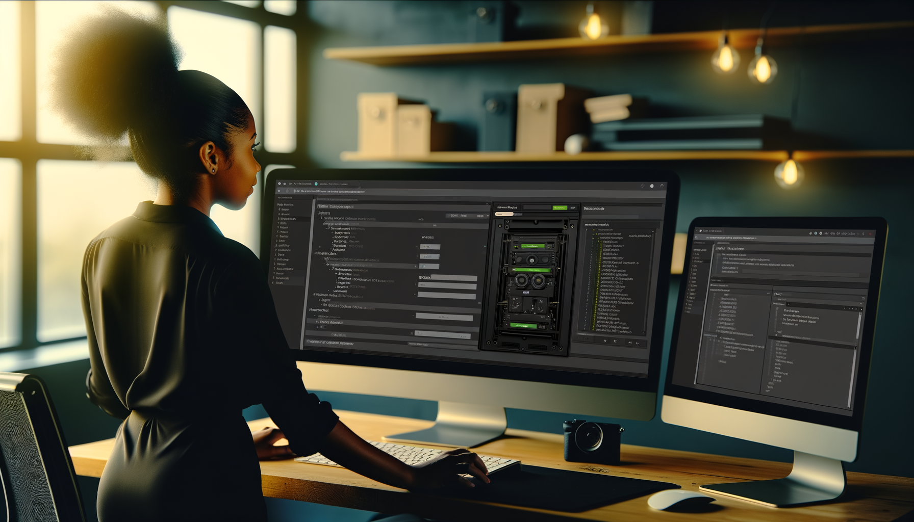 Donna che lavora su due monitor con codice e software di sviluppo in un ambiente ufficio moderno