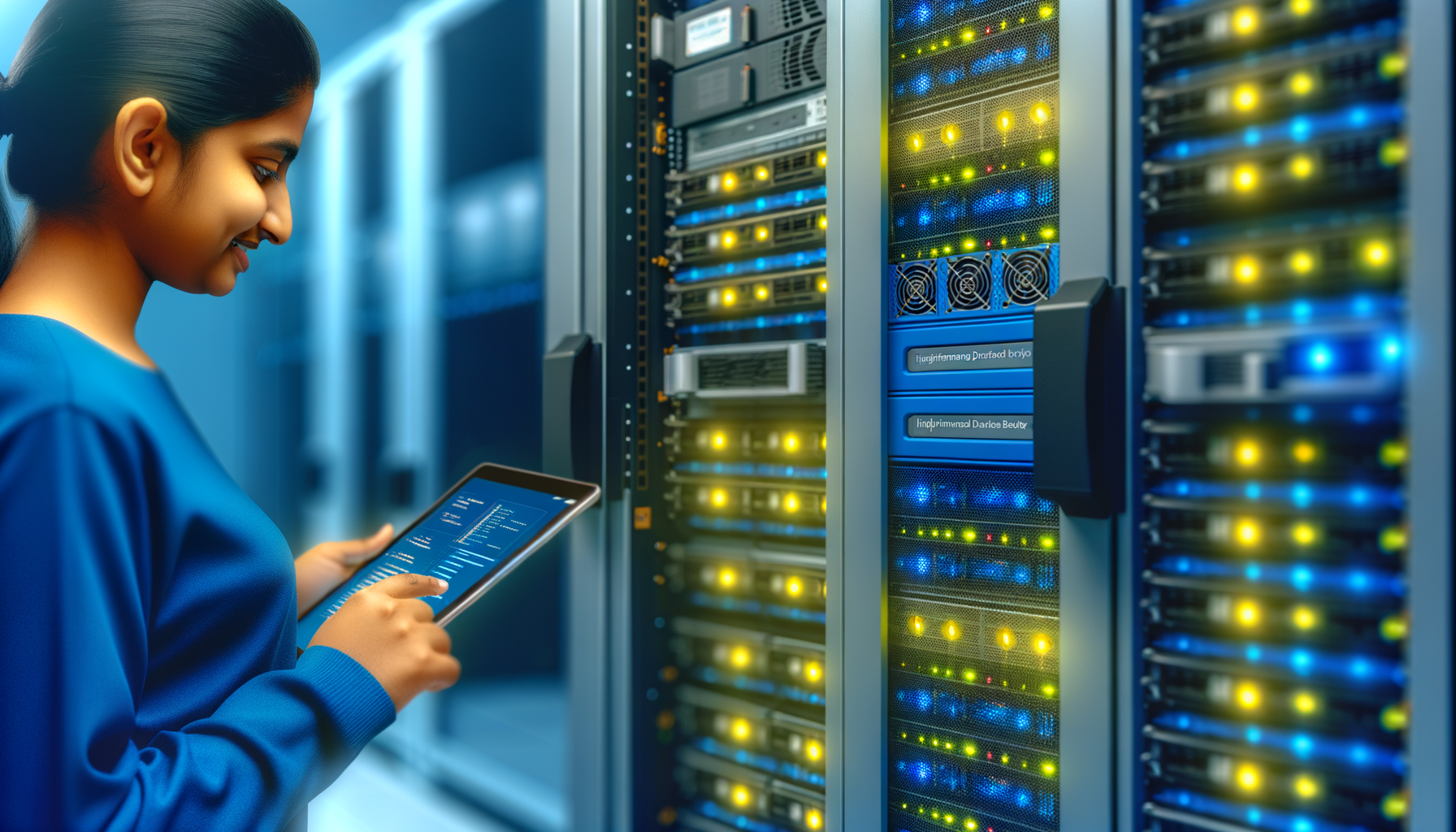Tecnica informatica che monitora server con tablet in un data center moderno illuminato a LED