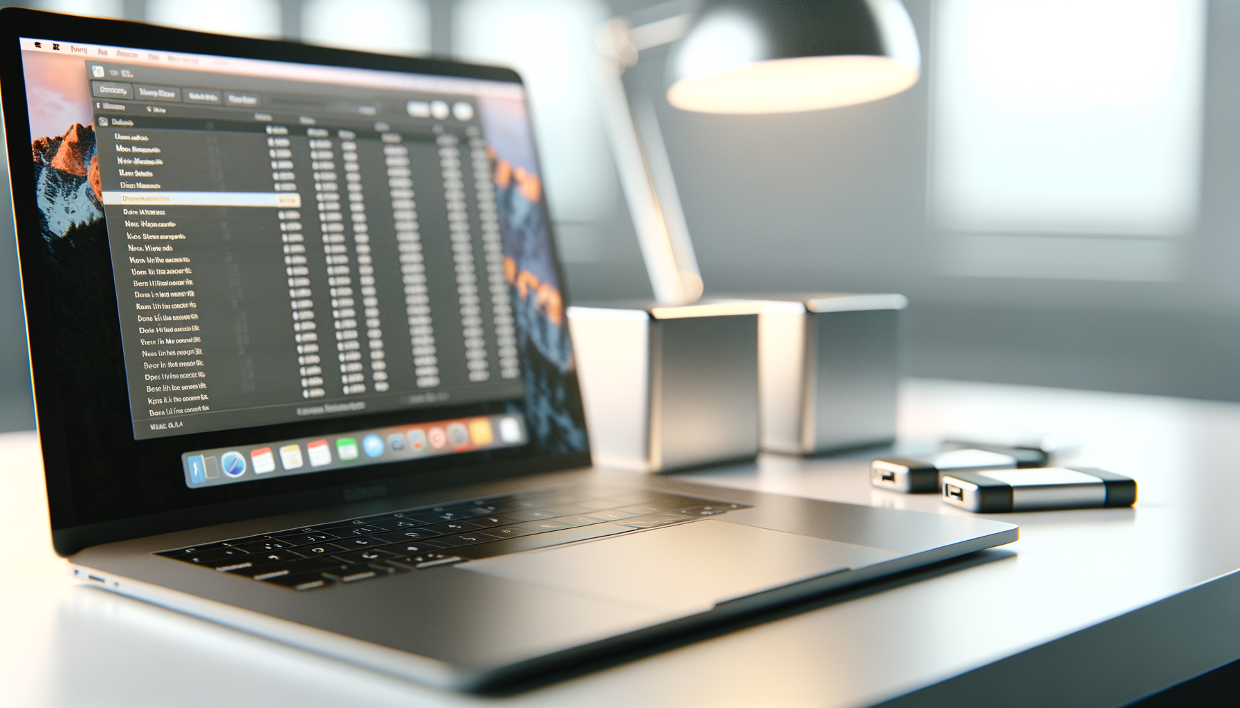 Laptop aperto su scrivania con schermo che mostra una finestra di gestione file, lampada da tavolo e chiavette USB