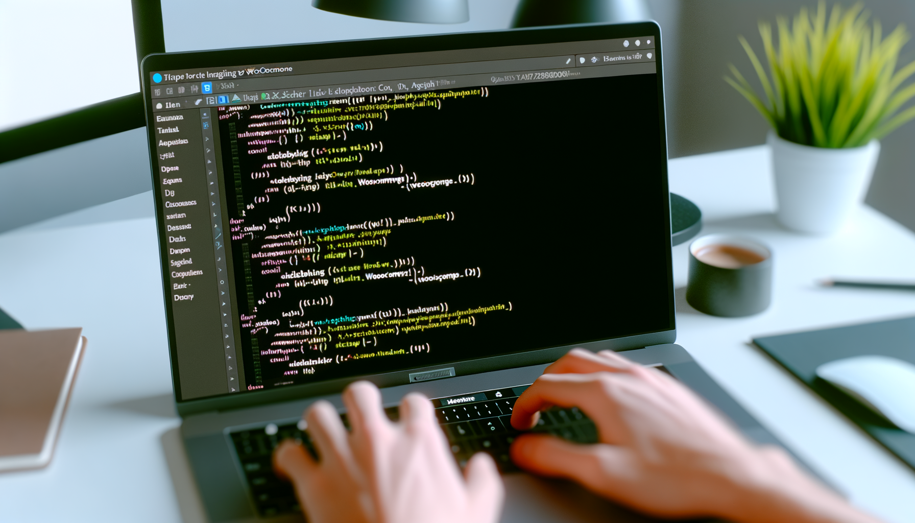 Persona che digita codice su un laptop con interfaccia di programmazione visibile, ambiente di lavoro con pianta e tazza di caffè