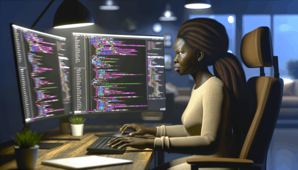 Donna che lavora al computer con due monitor mostrando codice colorato in ambiente ufficio moderno di sera