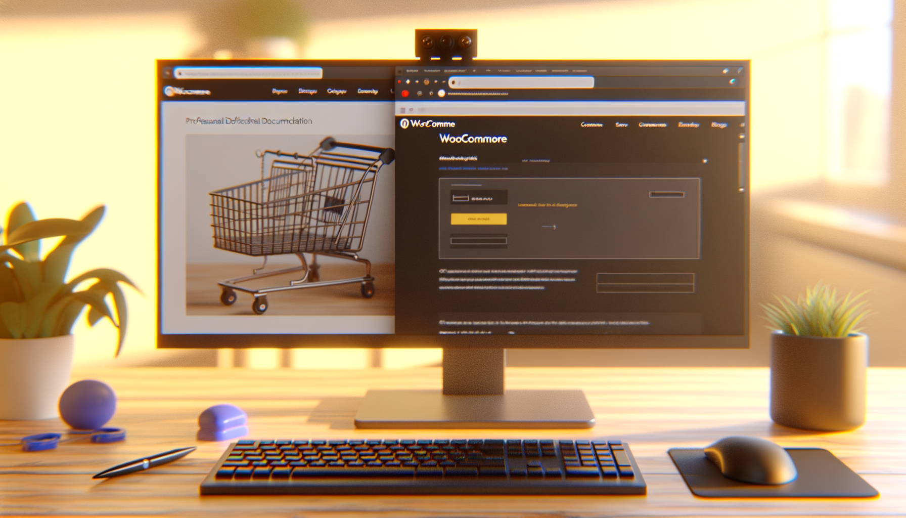 Monitor con schermate di WooCommerce e un carrello della spesa digitale su scrivania luminosa con tastiera e mouse
