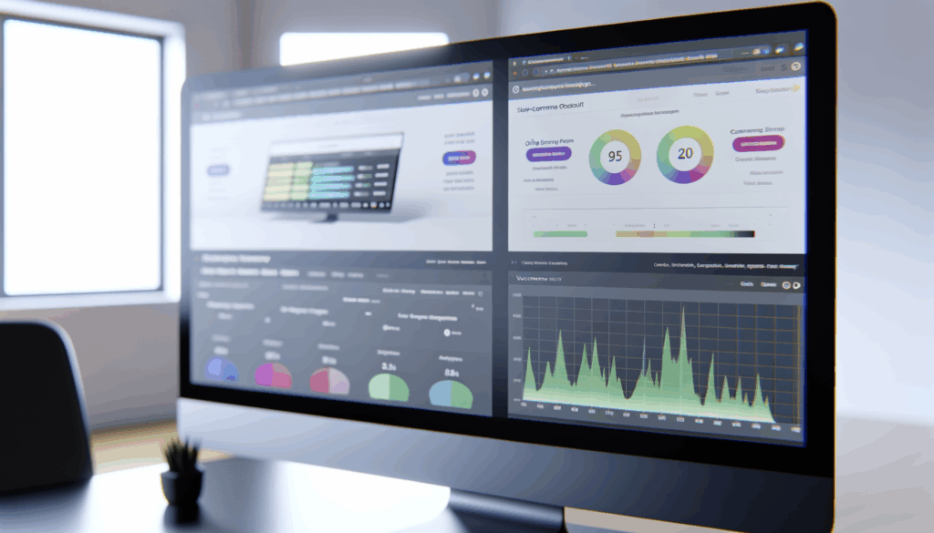 Schermo di computer con dashboard di analisi dei dati e grafici statistici per monitorare il traffico web WooCommerce durante i picchi di visite