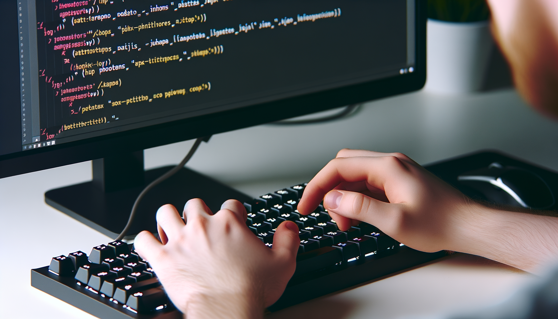 mani che digitano su una tastiera meccanica davanti a uno schermo con codice sorgente per ottimizzare WooCommerce Black Friday