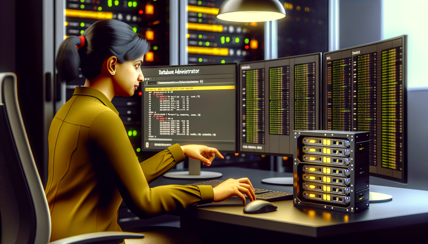 Donna amministratrice di database che lavora al computer con schermi multipli e server in un data center moderno