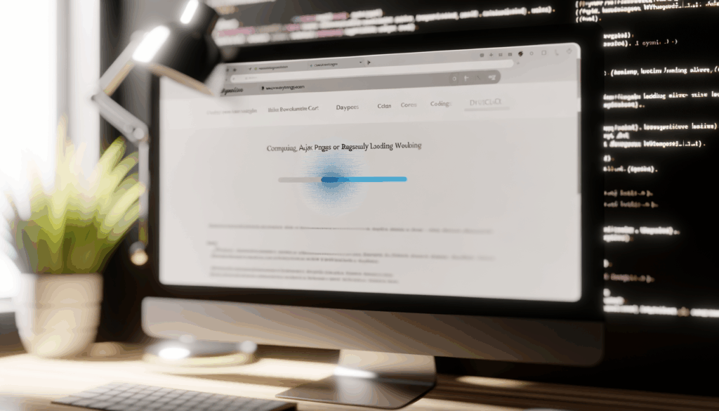 Schermo di computer con barra di caricamento AJAX e codice sorgente sullo sfondo, rappresenta frammenti AJAX in WooCommerce