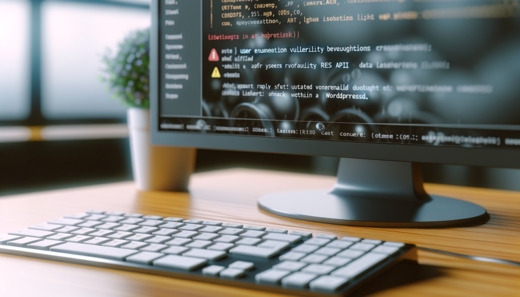 Monitor con codice sorgente e tastiera bianca su scrivania in legno, simbolo di sicurezza WordPress e REST API